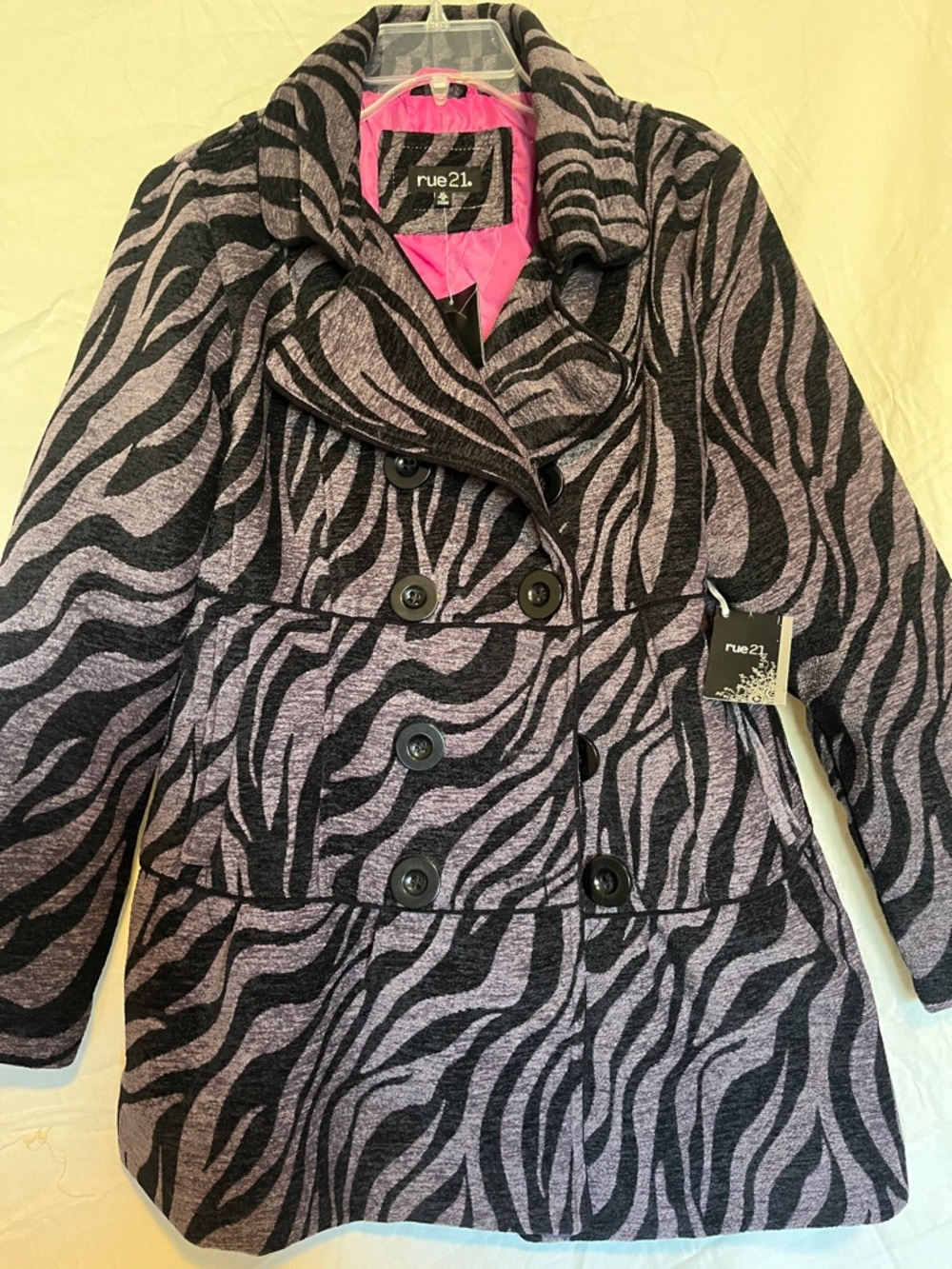 Rue21 Black and Gray Zebra-Print Double-Breasted Peacoat